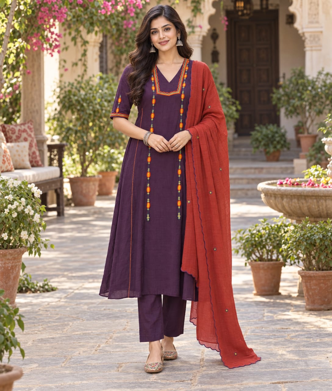 Purple Mul Cotton Suit with Thread Work & Mul Cotton Dupatta
