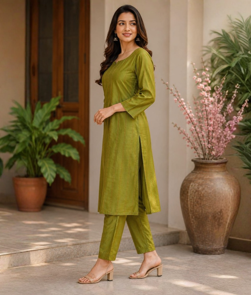 Mehndi Green Pure Chanderi Silk Thread Work Suit – 5XL