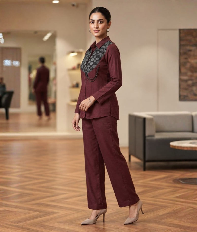 Maroon Organza Block Print Shirt Coord Set