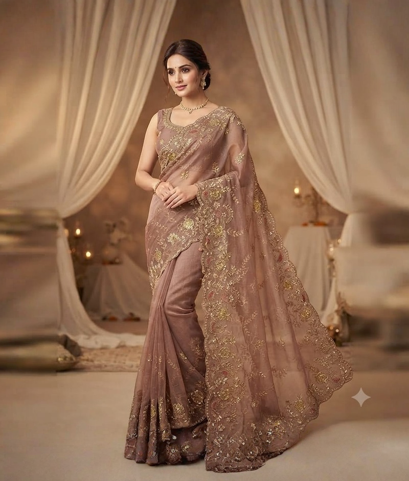 Light Pink Tissue Saree with Zardozi, Gota Patti and Moti Work