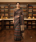 Chiku Tussar silk saree with pink and dark blue lahariya stripes