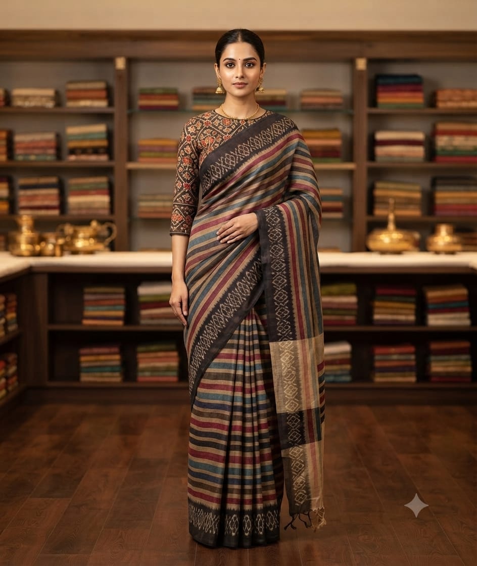 Chiku Tussar silk saree with pink and dark blue lahariya stripes