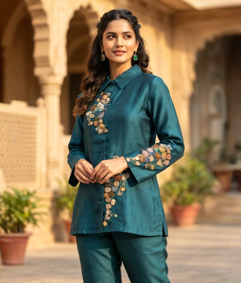 Rama Green Organza Floral Embroidered Shirt Coord Set