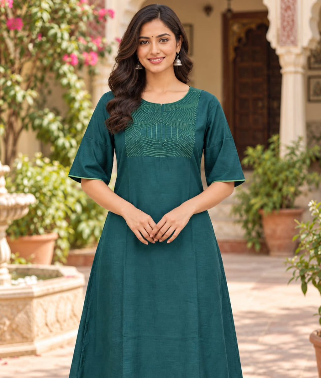 Teal Blue Chanderi Silk Thread Work Suit