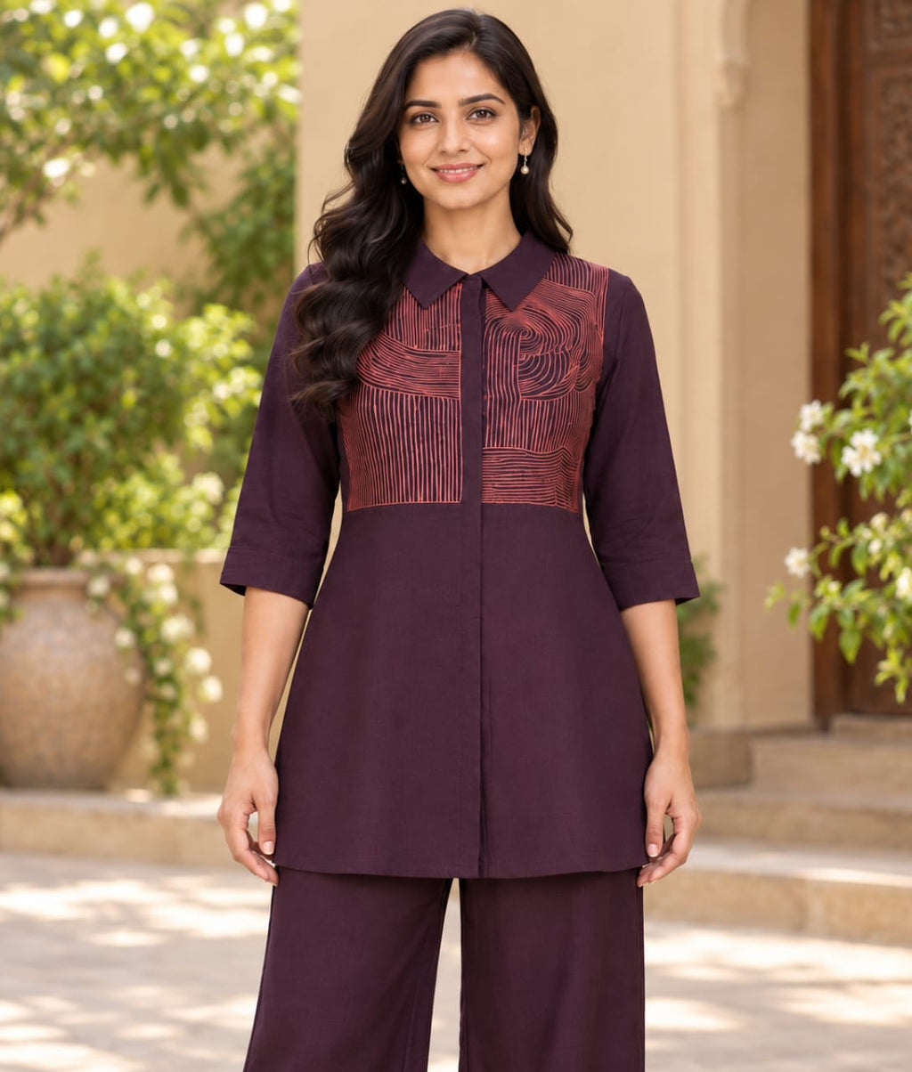 Purple Chanderi Silk Co-ord Set with Contrast Thread Work