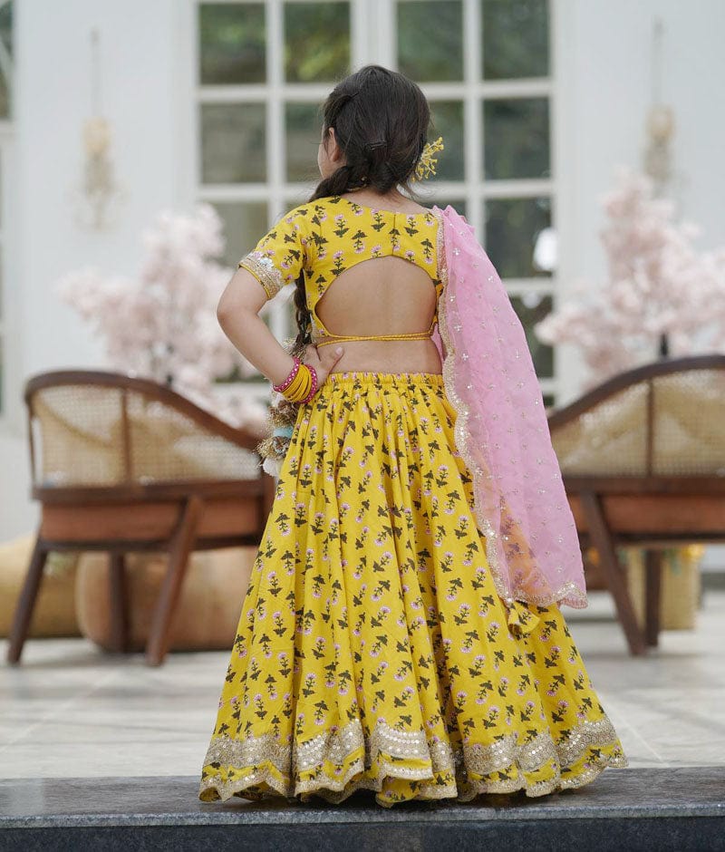 YELLOW PRINTED LEHENGA CHOLI AND ORGANZA DUPATTA