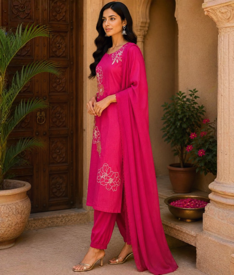 Pink Mull Cotton Suit with Thread Work & Mull Cotton Dupatta