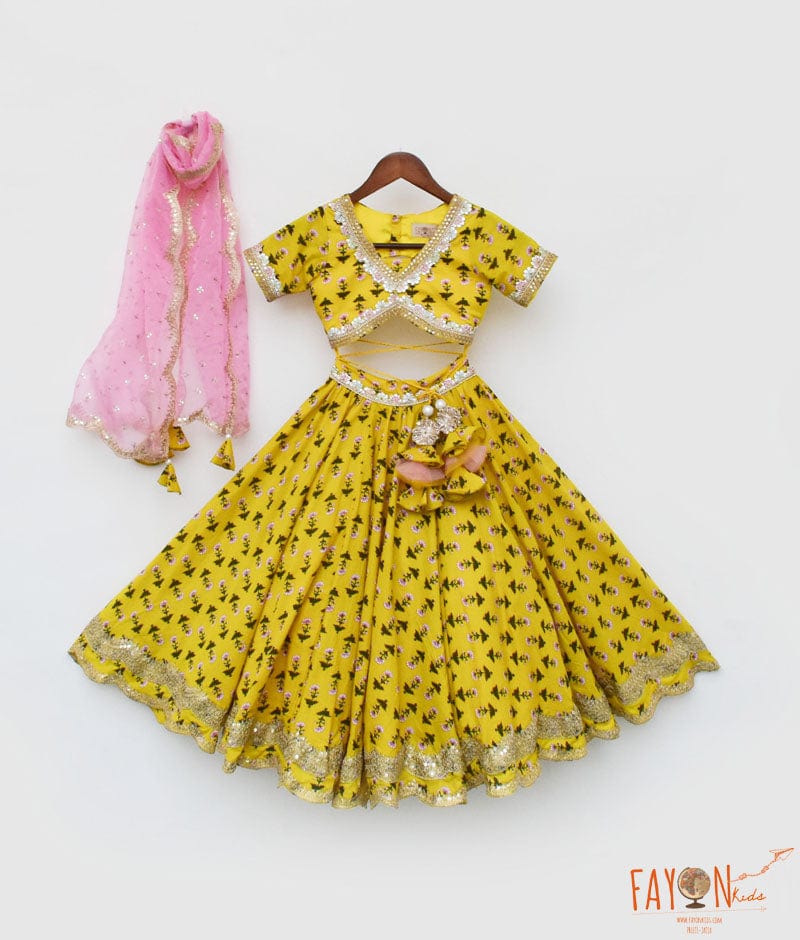 YELLOW PRINTED LEHENGA CHOLI AND ORGANZA DUPATTA