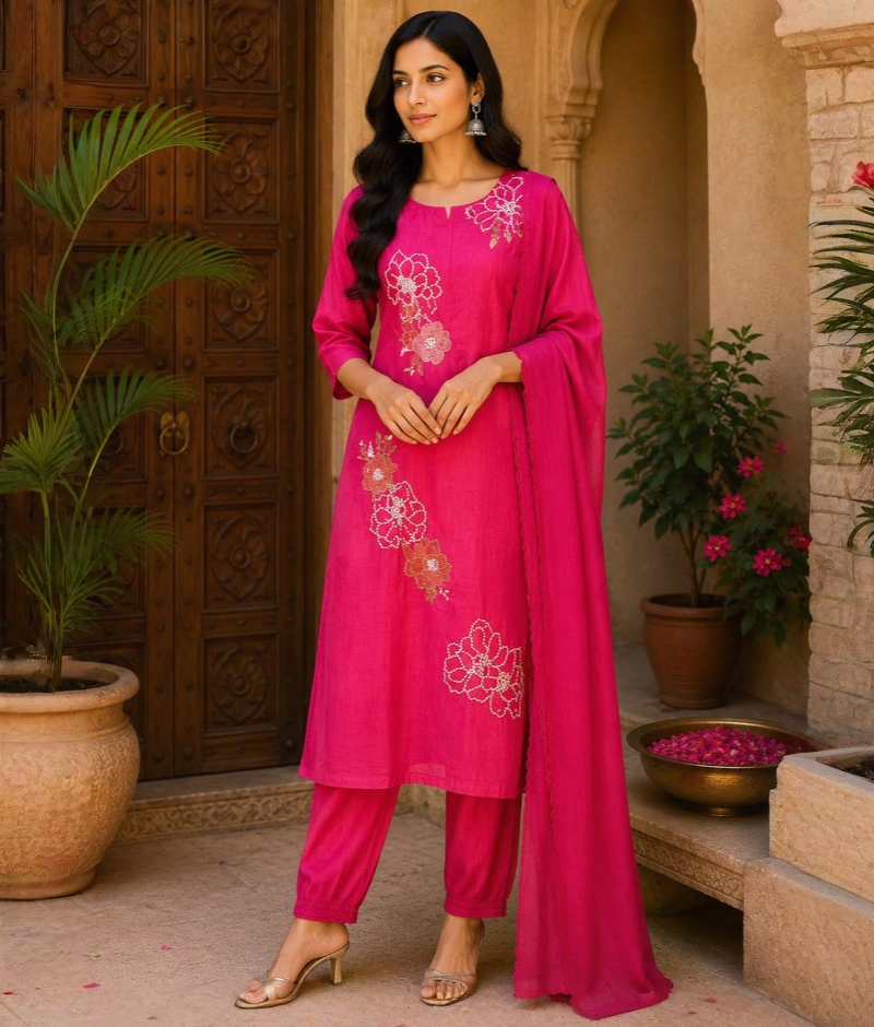 Pink Mull Cotton Suit with Thread Work & Mull Cotton Dupatta