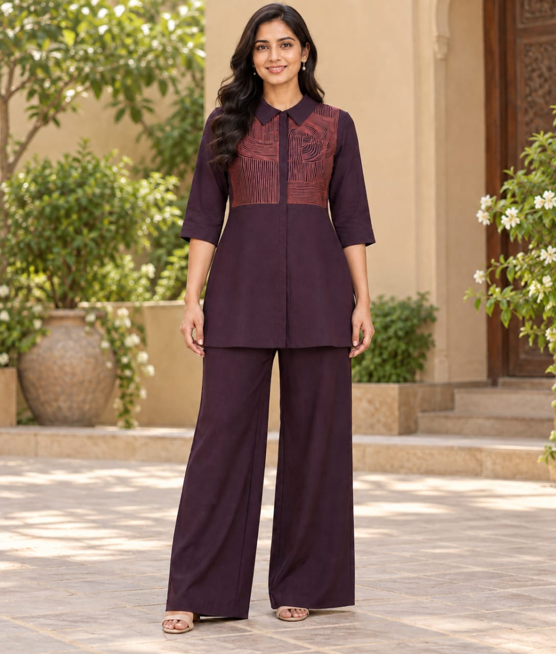 Purple Chanderi Silk Co-ord Set with Contrast Thread Work