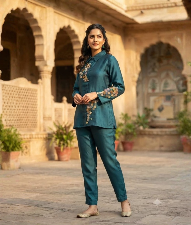 Rama Green Organza Floral Embroidered Shirt Coord Set
