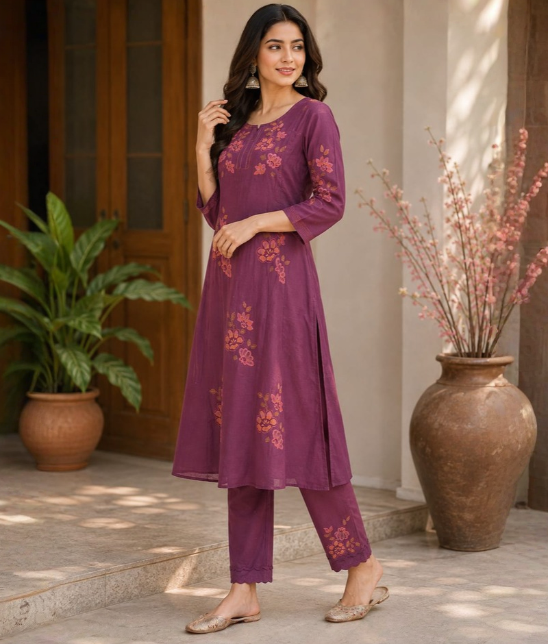 Purple Maroon Chanderi Silk Thread Work Suit with Mull Cotton Dupatta – 5XL