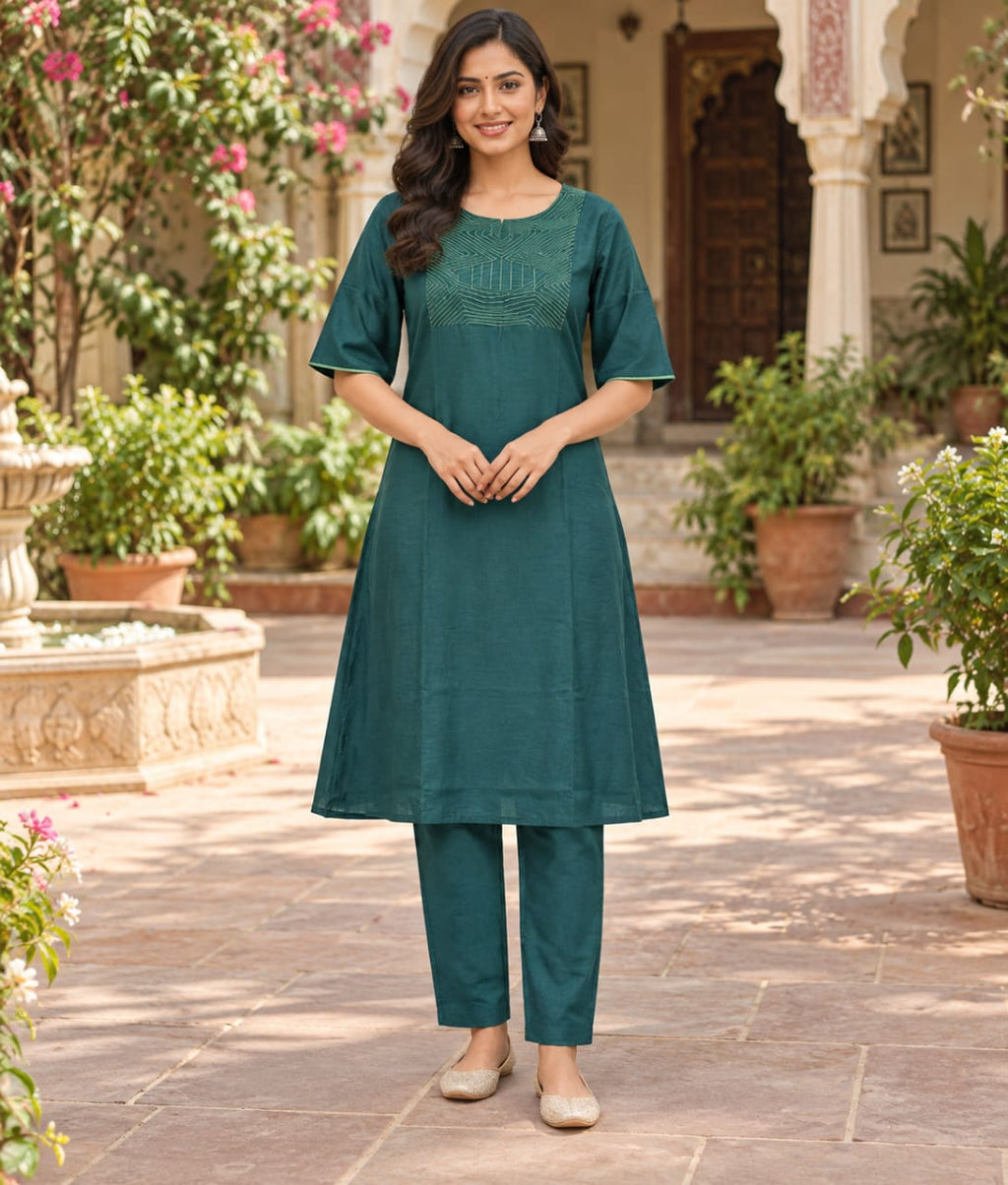 Teal Blue Chanderi Silk Thread Work Suit