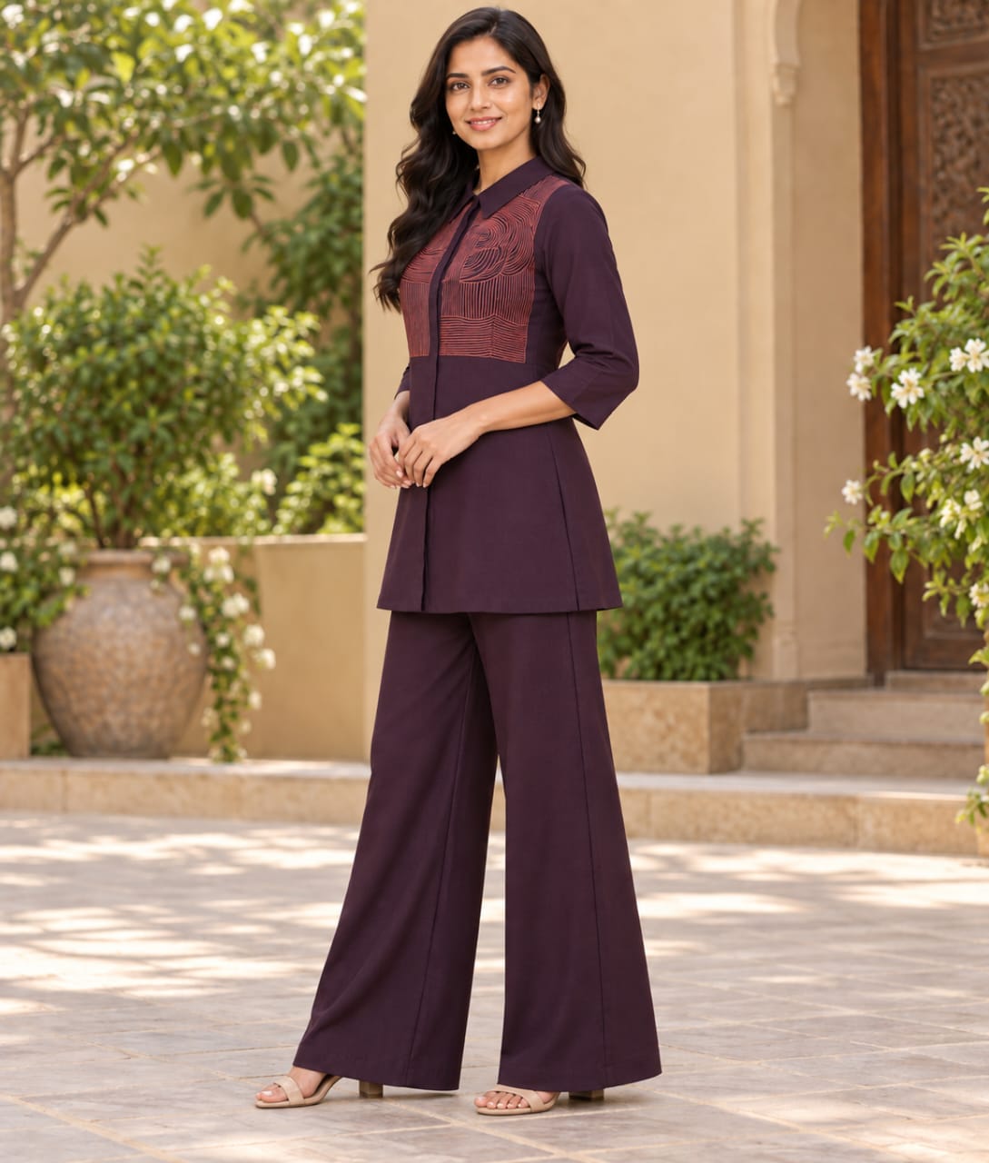 Purple Chanderi Silk Co-ord Set with Contrast Thread Work