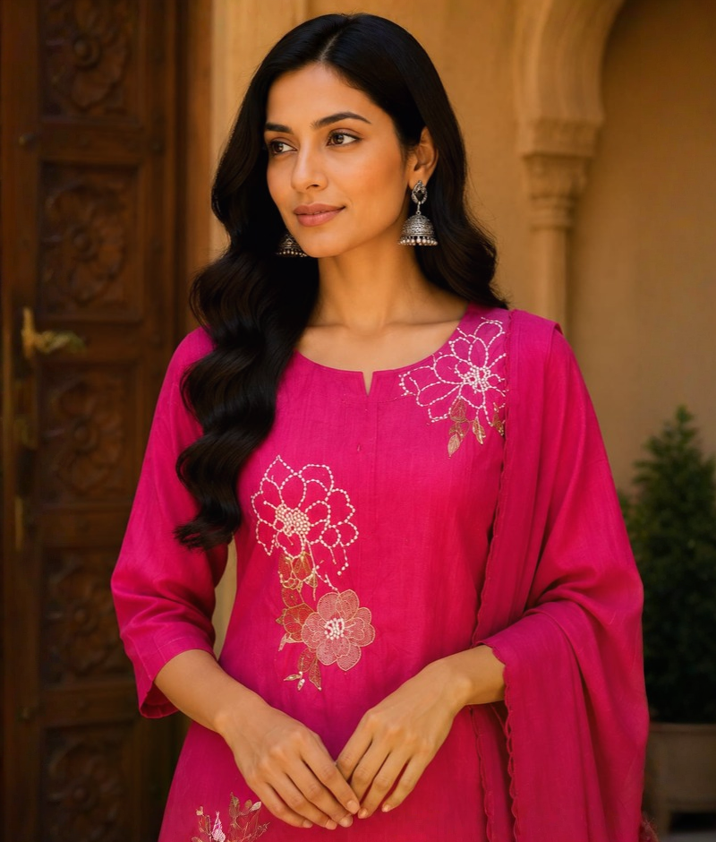 Pink Mull Cotton Suit with Thread Work & Mull Cotton Dupatta