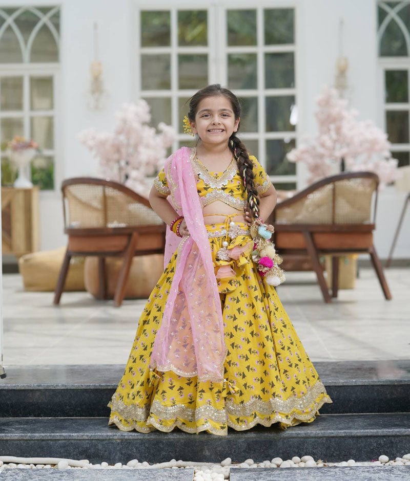 YELLOW PRINTED LEHENGA CHOLI AND ORGANZA DUPATTA