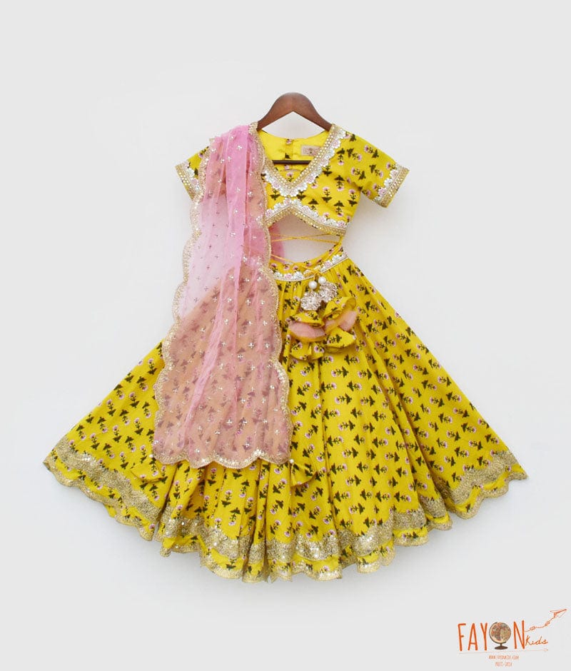 YELLOW PRINTED LEHENGA CHOLI AND ORGANZA DUPATTA