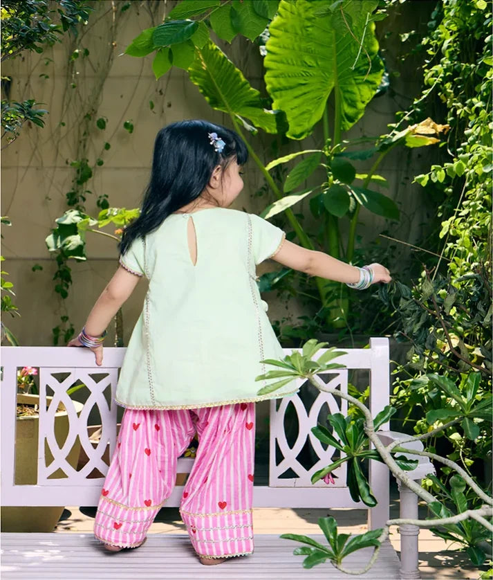 Green Kurti with Heart Printed Farshi Salwar