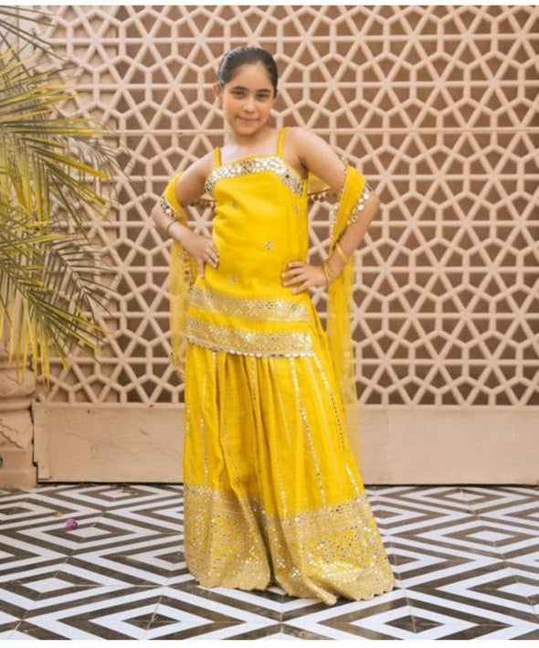Elegant Yellow Sharara Suit for Girls | Embellished Kurti with Silver-Golden Detailing & Dupatta