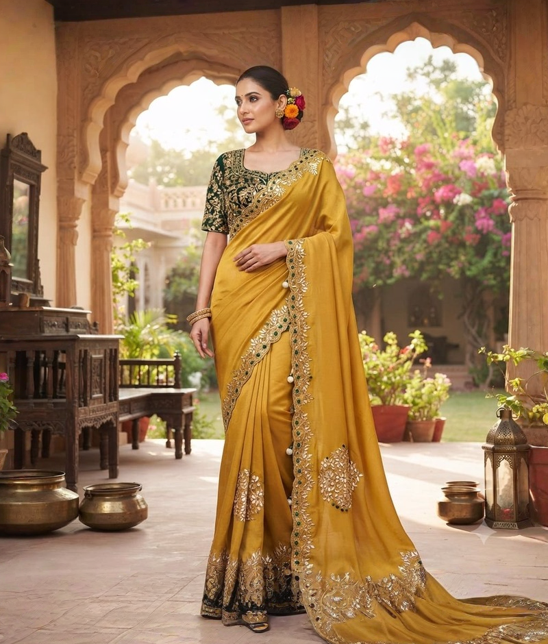 Yellow Tissue Georgette Saree with Gota Patti and Moti Work