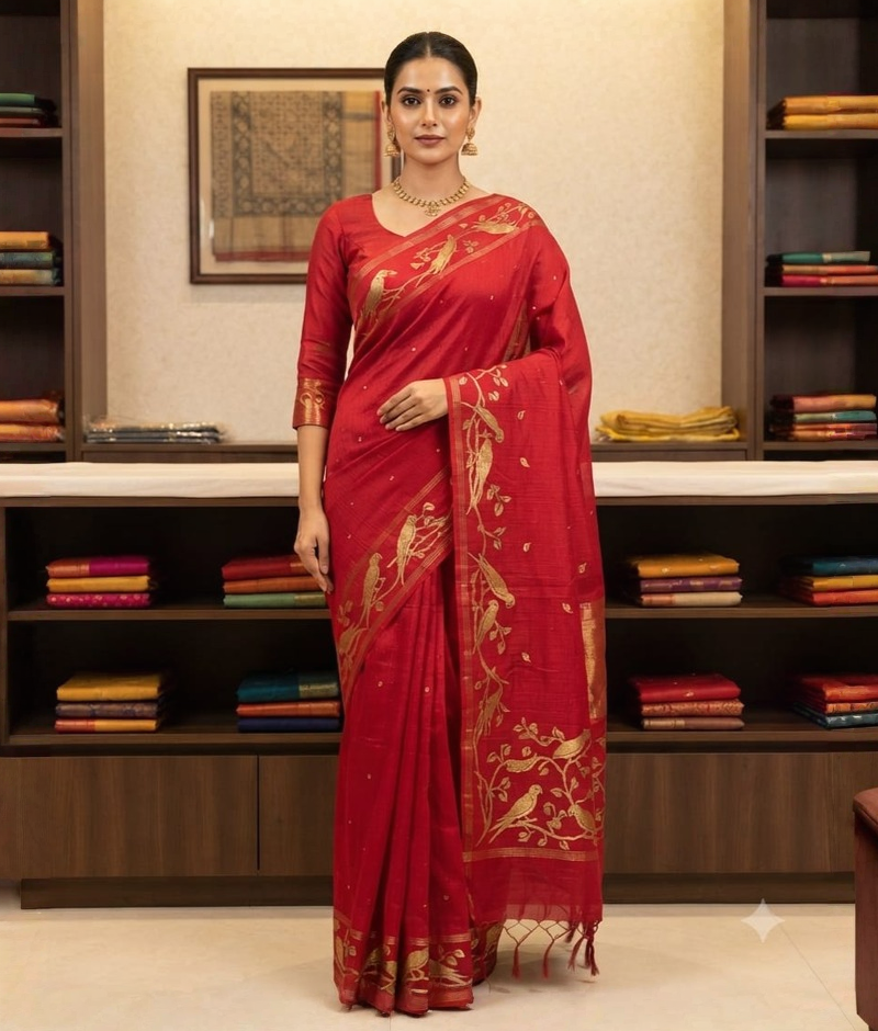 Red saree with gold-toned bird and vine motifs along the border and pallu
