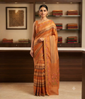 Orange saree with floral thread-work motifs and contrasting striped details