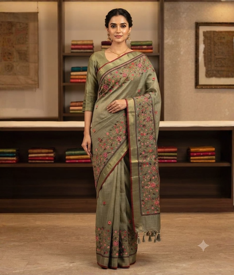 Green linen saree with floral pattern and thread work