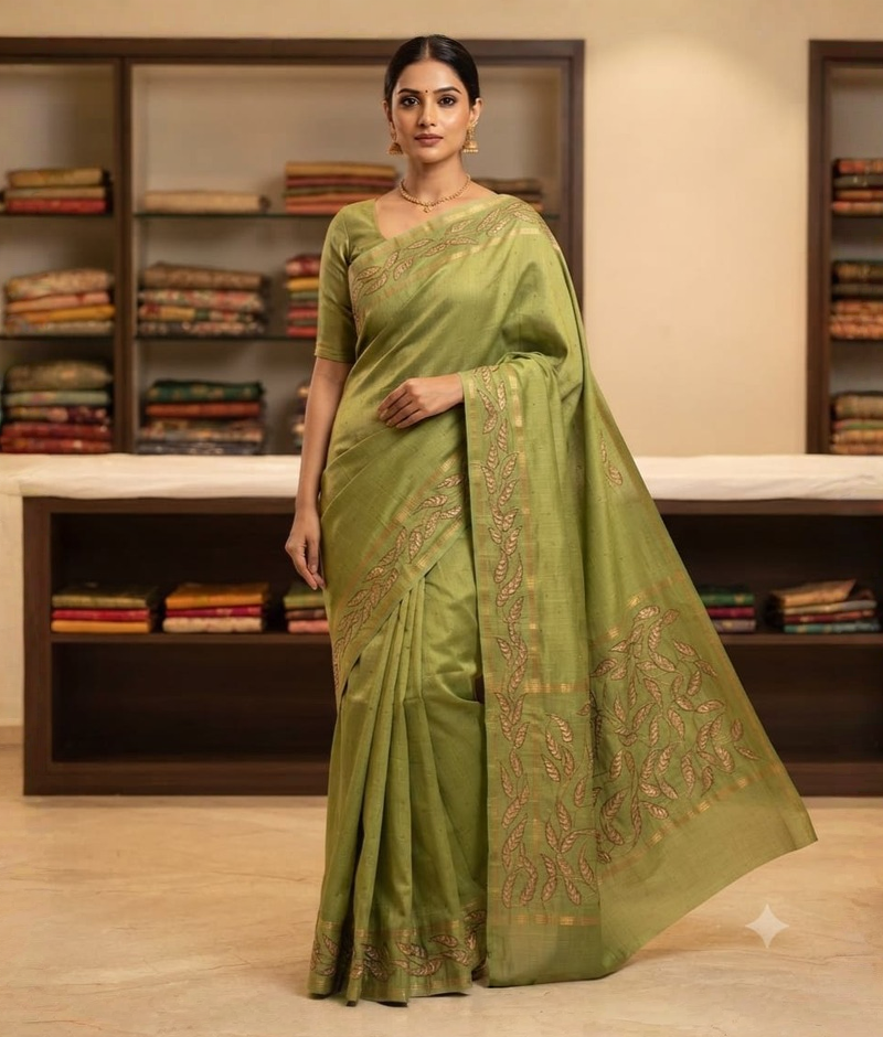 Pista green saree with leafy thread-work motifs along the border and pallu