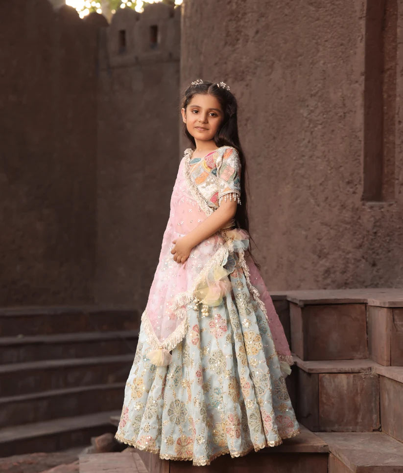 OFF WHITE EMBROIDERED CHOLI WITH LEHENGA