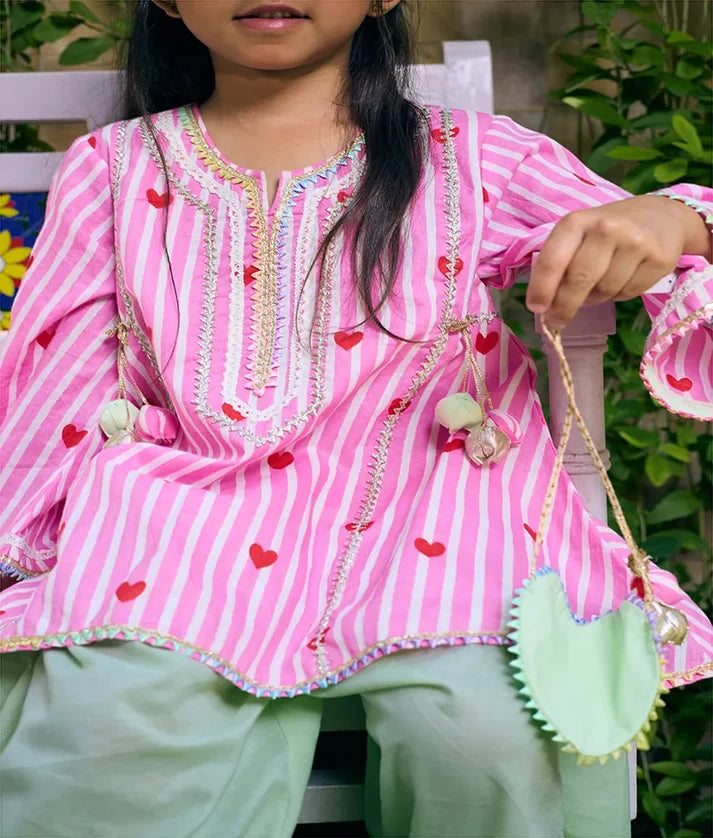 Pink Heart & Stripe Printed Kurti with Green Farshi Salwar