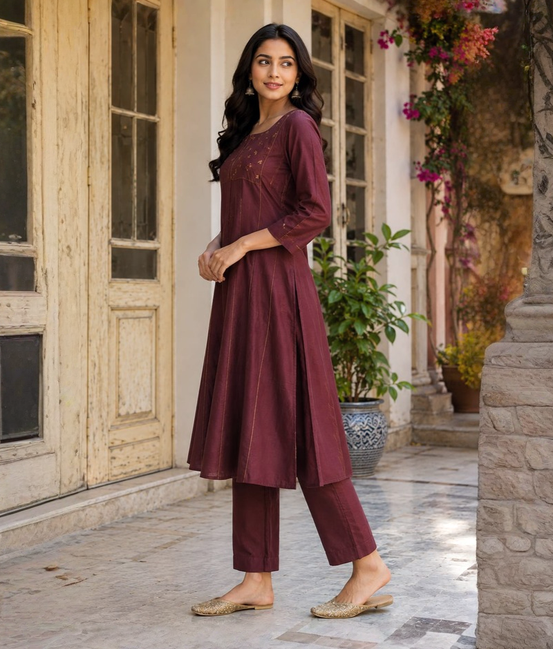Dark Purple Chanderi Silk Thread & Applique Work Suit with Mull Cotton Dupatta – 5XL