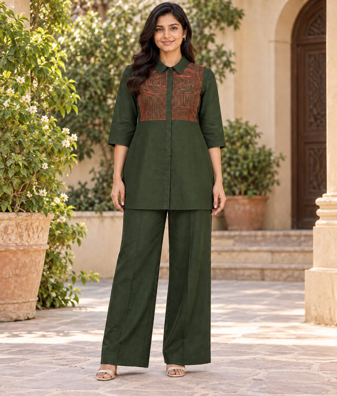 Green Chanderi Silk Co-ord Set with Contrast Thread Work