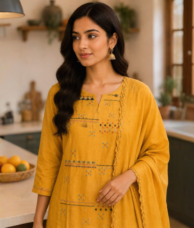 Yellow Mull Cotton Suit with Thread & Mirror Work & Mull Cotton Dupatta