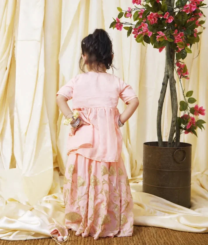 Peach Gota Tulip Embroidered Long Choli Lehenga Set