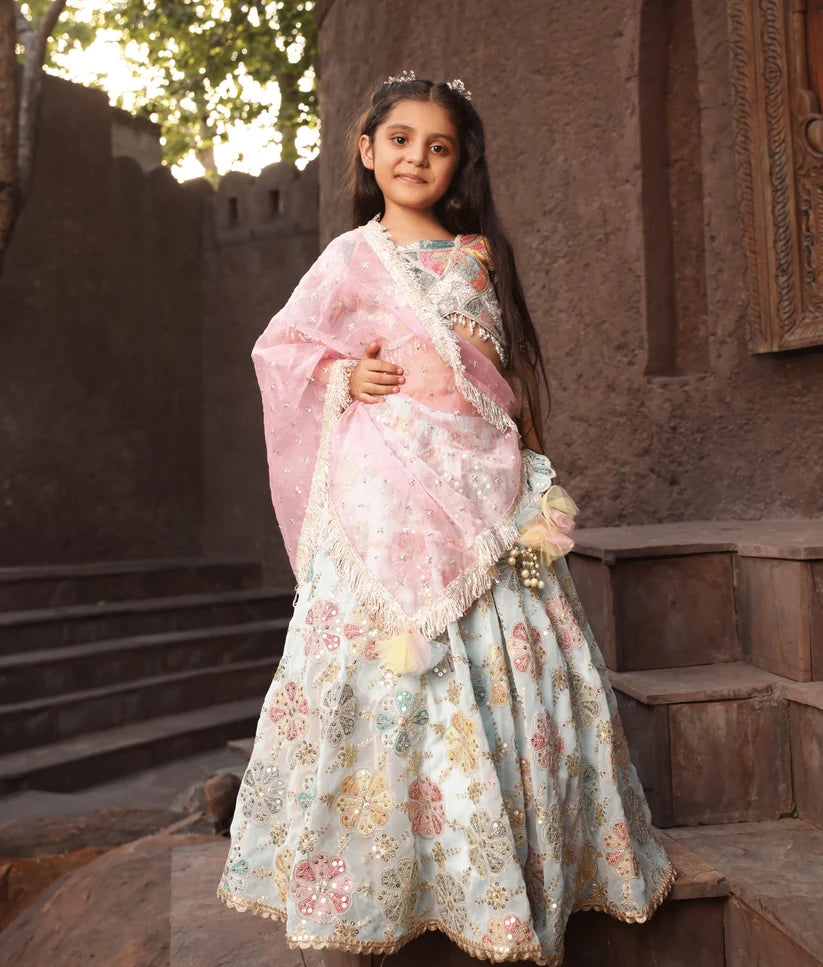 OFF WHITE EMBROIDERED CHOLI WITH LEHENGA