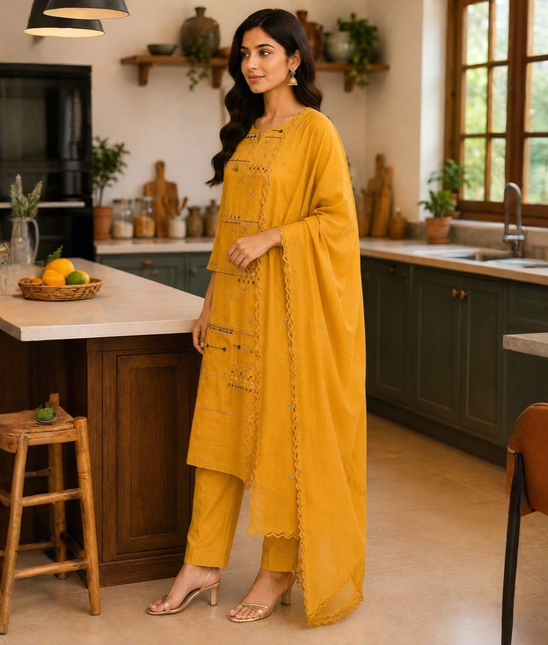 Yellow Mull Cotton Suit with Thread & Mirror Work & Mull Cotton Dupatta