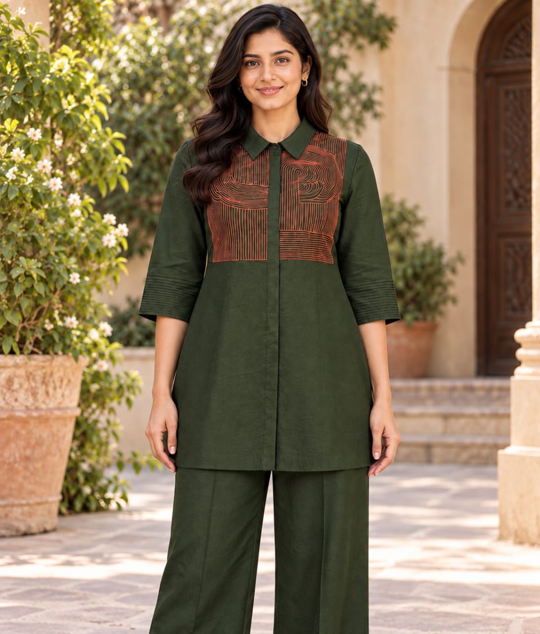 Green Chanderi Silk Co-ord Set with Contrast Thread Work