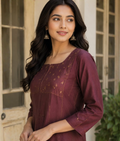 Dark Purple Chanderi Silk Thread & Applique Work Suit with Mull Cotton Dupatta – 5XL