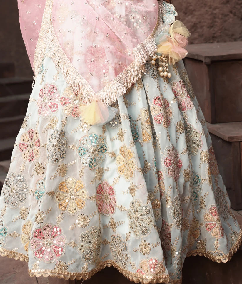 OFF WHITE EMBROIDERED CHOLI WITH LEHENGA