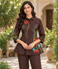 Coffee Brown Chanderi Silk Thread Work Peplum Coord Set