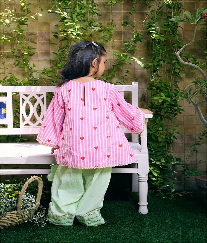 Pink Heart & Stripe Printed Kurti with Green Farshi Salwar