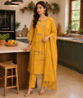 Yellow Mull Cotton Suit with Thread & Mirror Work & Mull Cotton Dupatta