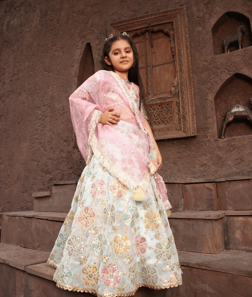 OFF WHITE EMBROIDERED CHOLI WITH LEHENGA