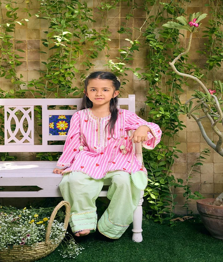 Pink Heart & Stripe Printed Kurti with Green Farshi Salwar