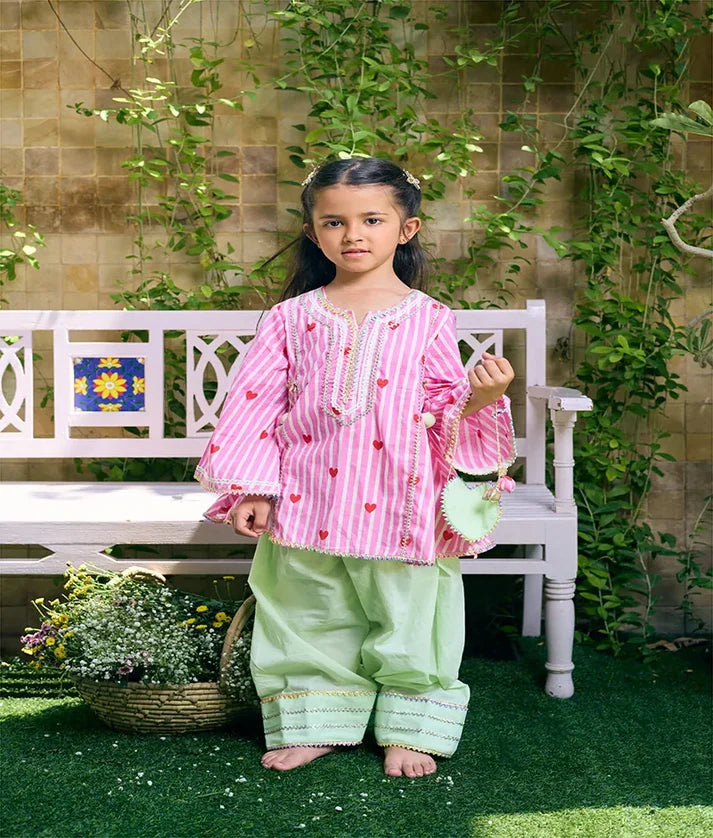 Pink Heart & Stripe Printed Kurti with Green Farshi Salwar