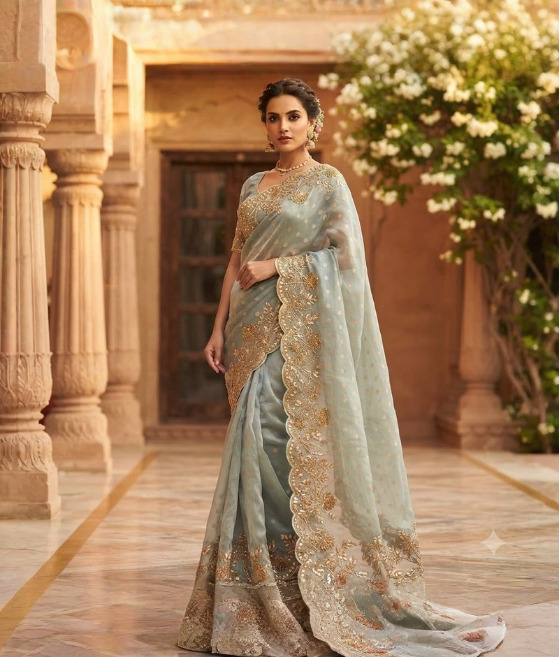 Light Sky Blue Tissue Organza Saree with Moti and Zardozi Work