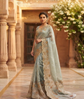 Light Sky Blue Tissue Organza Saree with Moti and Zardozi Work