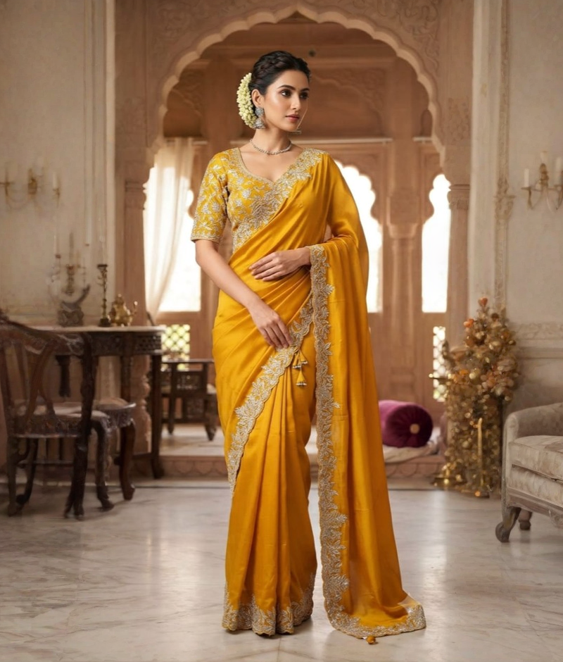 Yellow HO fabric saree with sequence and thread work