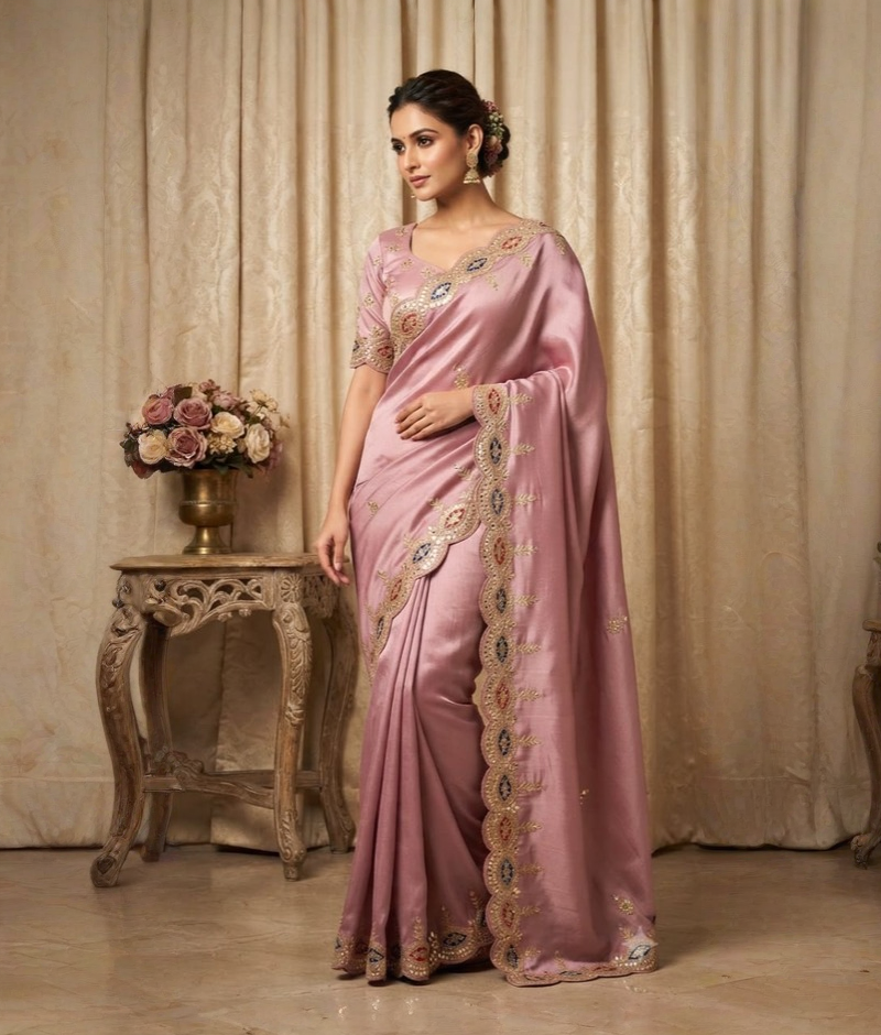 Pink tissue georgette saree with zardozi and gota patti work