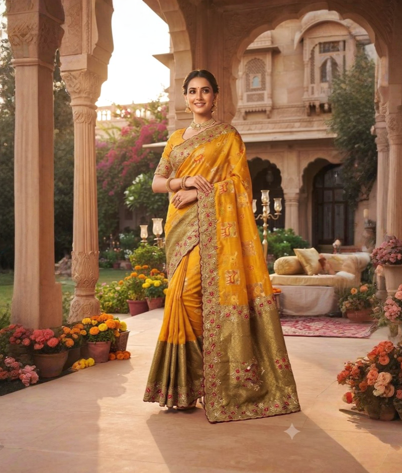 Yellow handloom silk patola saree with moti and thread border
